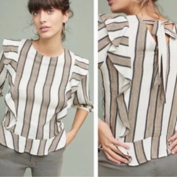 New Anthropologie Isabella Sinclair Striped Ruffle Blouse Top Shirt, Size XXS - Picture 2 of 6